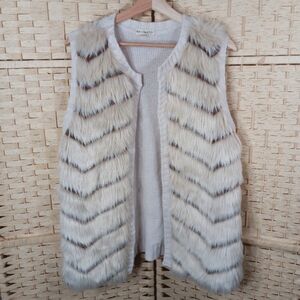 Faux Fur Knit Cream Long Open Vest Chevron EUC Boho